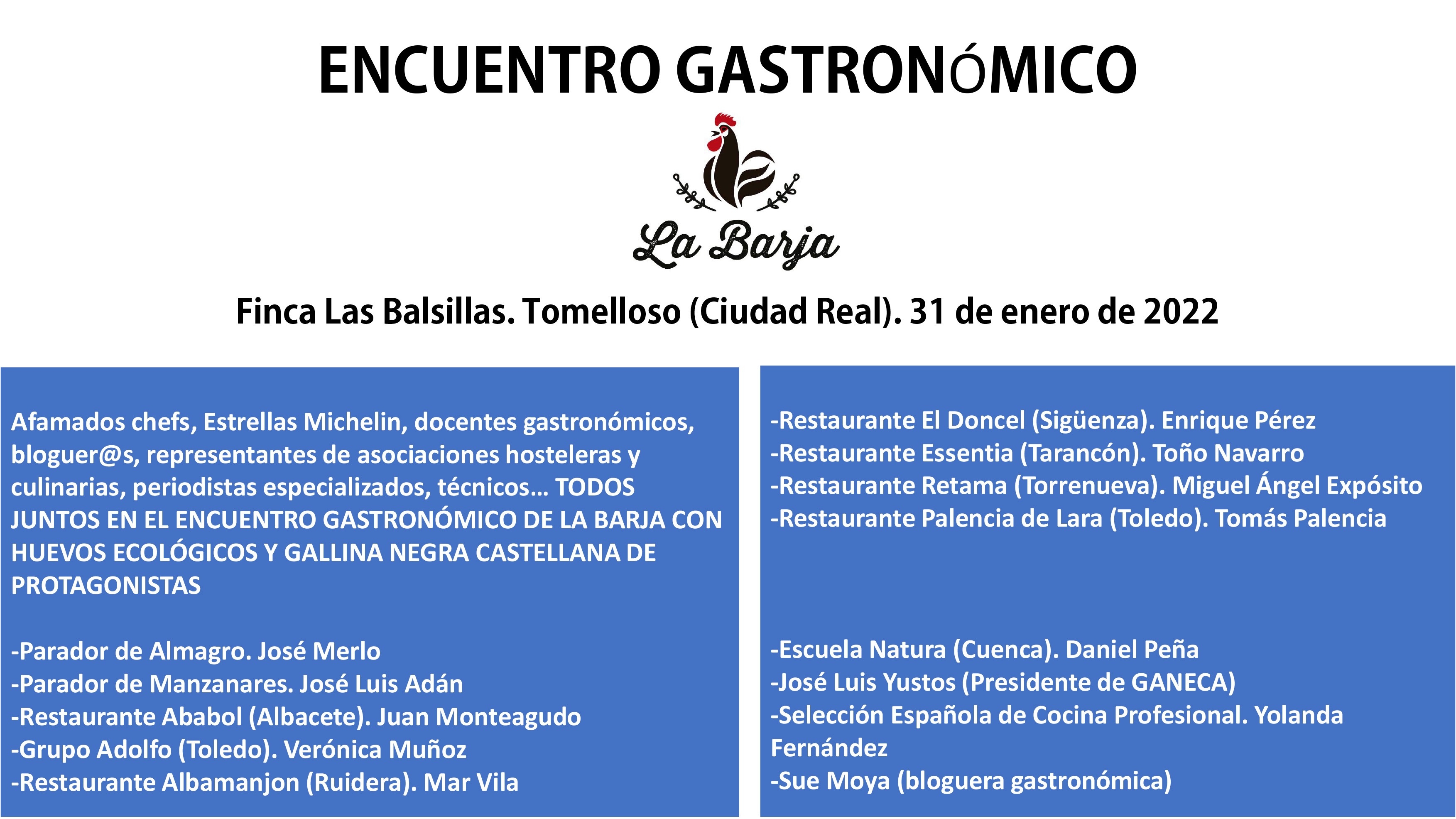 Gran encuentro gastronómico en Granja La Barja, el lunes 31 de enero en Tomelloso